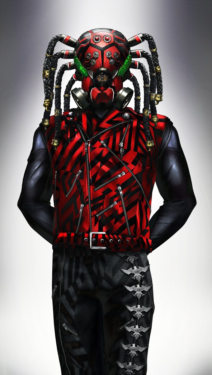 1boy, armor, arms_behind_back, arthropod_limbs, belt, black_bodysuit, black_pants, bodysuit, cyborg, dreadlocks, extra_eyes, gas_mask, green_eyes, highres, kamen_rider, kumo-aug, mask, masukudo_(hamamoto_hikaru), military_uniform, monster_boy, pants, red_vest, shin_kamen_rider, thighs, vest, zipper