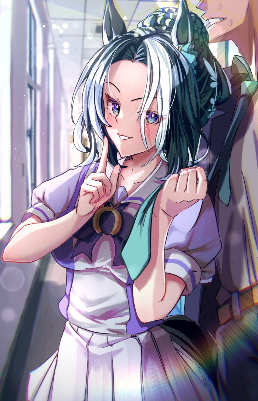 1boy, 1girl, animal_ears, aqua_necktie, belt, black_hair, blush, bow