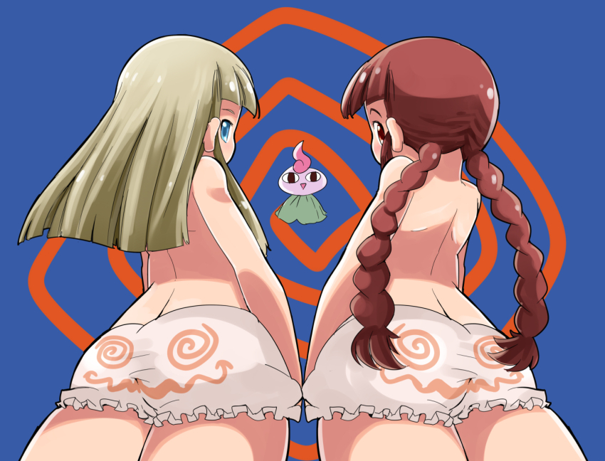 2girls, blonde_hair, bloomers, blue_background, blue_eyes, blue_pupils, blunt_bangs, braid