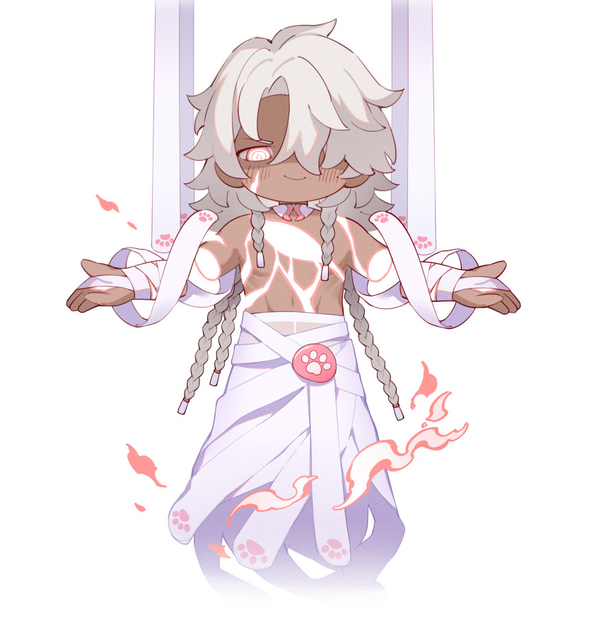 1boy, absurdres, bandaged_arm, bandages, blush, closed_mouth, commentary_request, dark-skinned_male, dark_skin, disembodied_hand, grey_hair, hair_over_one_eye, highres, honkai:_star_rail, honkai_(series), male_focus, nanook_(honkai:_star_rail), navel, pantyhose, red_eyes, simple_background, smile, solo, standing, tsubasa_tsubasa, white_background, white_pantyhose