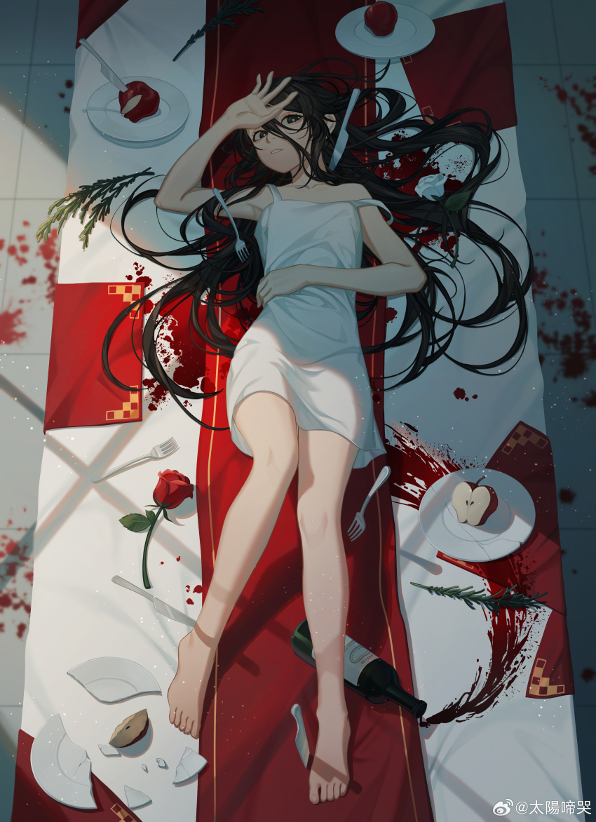 1girl, absurdres, alcohol, apple, bare_legs, barefoot, black_eyes, black_hair