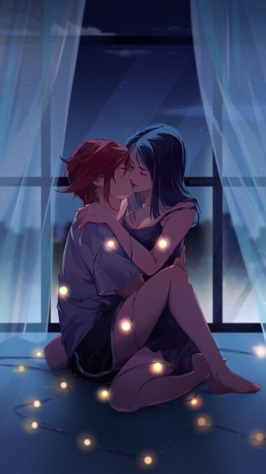 2girls, blue_hair, caitlyn_(league_of_legends), closed_eyes, curtains, dolphin_shorts, highres, kiss