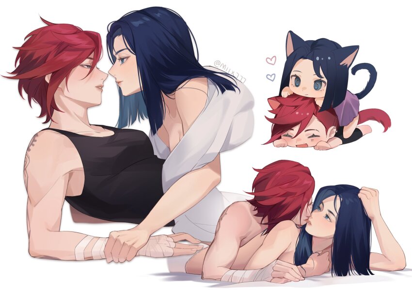 2girls, animal_ears, bandaged_arm, bandages, blue_eyes, blue_hair, caitlyn_(league_of_legends), cat_ears, cat_girl, cat_tail, closed_eyes, eye_contact, face-to-face, half-closed_eyes, heart, highres, holding_another's_wrist, imminent_kiss, kiss, kissing_cheek, league_of_legends, looking_at_another, miix777, multiple_girls, open_mouth, parted_lips, red_hair, short_hair, smile, tail, toned, twitter_username, vi_(league_of_legends), yuri