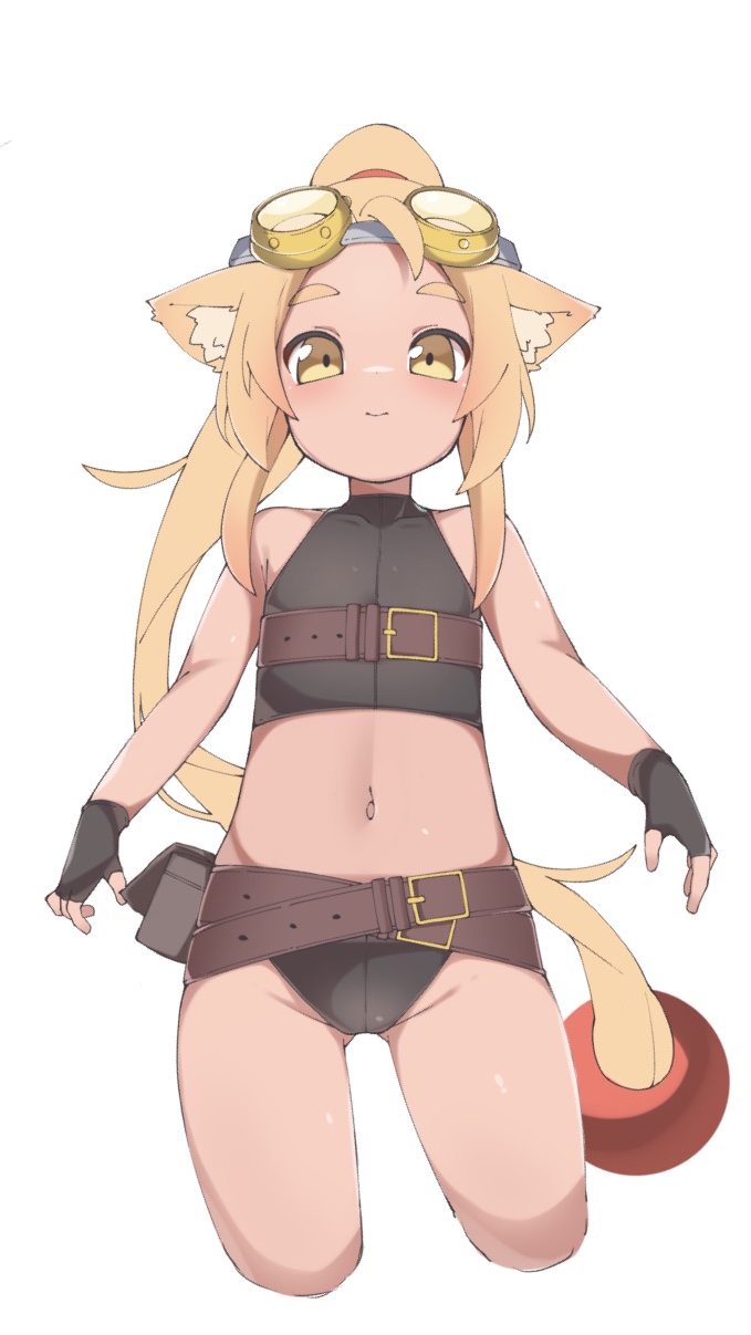 1girl, animal_ear_fluff, animal_ears, bare_shoulders, belt, belt_buckle, black_gloves, blonde_hair
