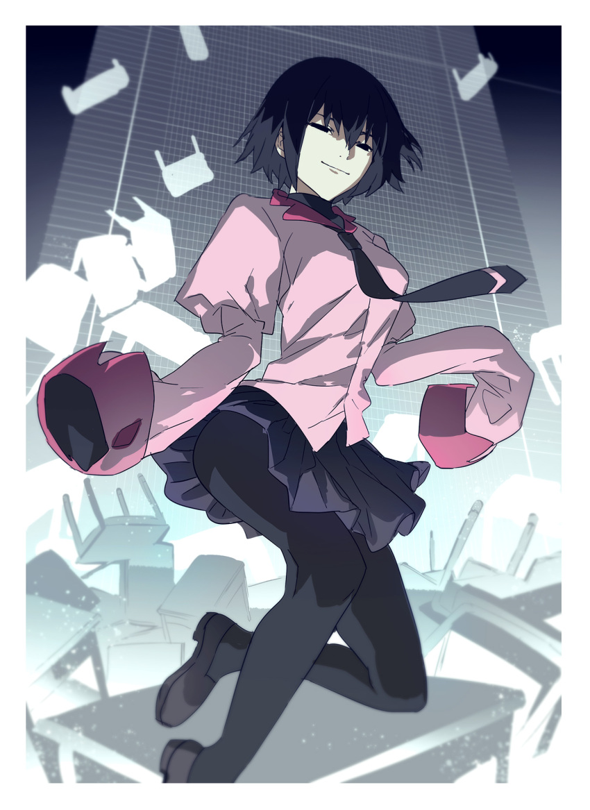 1other, black_eyes, black_footwear, black_hair, black_necktie, black_pantyhose, black_skirt, border