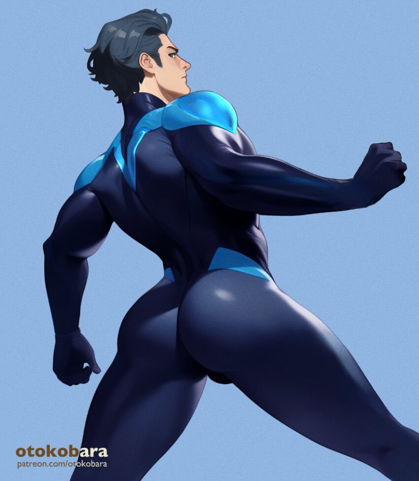 1boy, artist_name, ass, back, bara, batman_(series), black_bodysuit, black_hair, blue_bodysuit, bodysuit, dc_comics, dick_grayson, highres, large_pectorals, looking_back, male_focus, multicolored_bodysuit, muscular, muscular_male, nightwing, otokobara, patreon_username, pectorals, short_hair, simple_background, solo, superhero_costume, thick_thighs, thighs, two-tone_bodysuit
