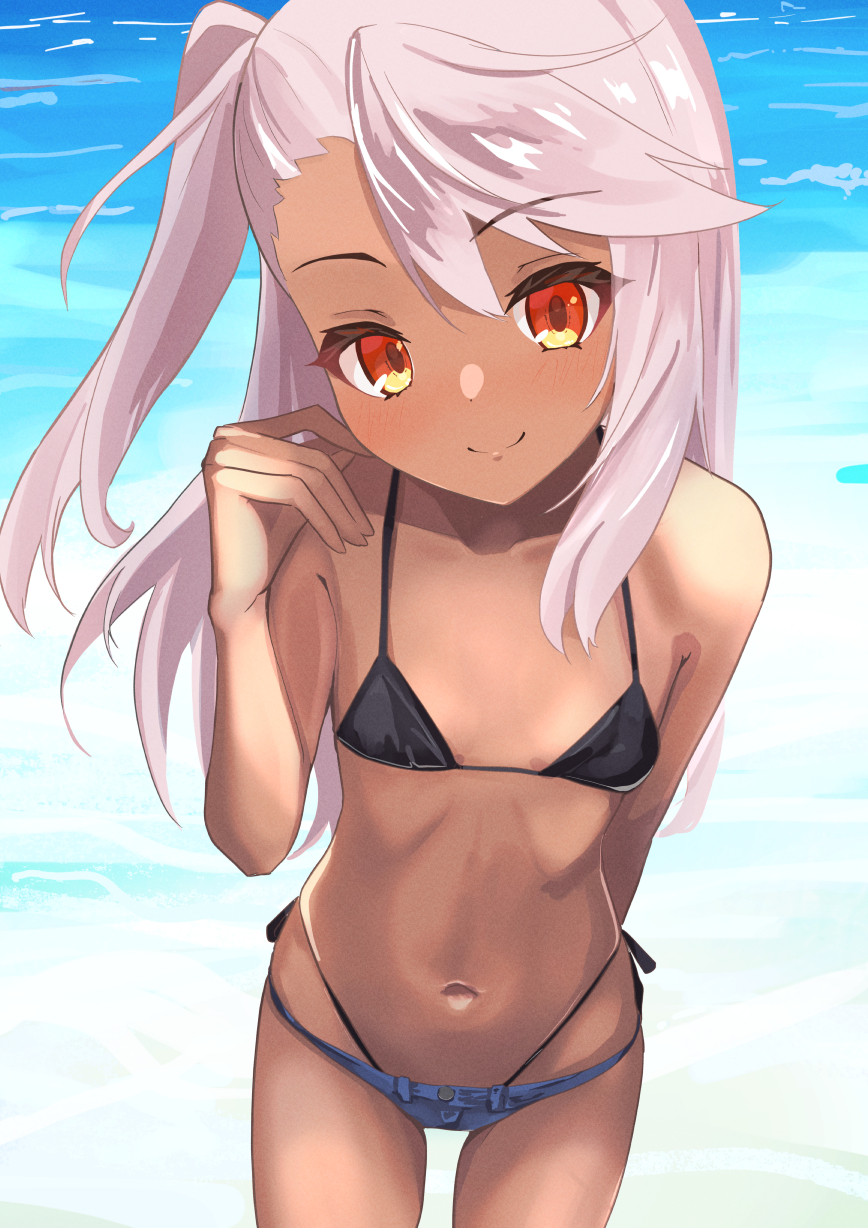 1girl, bare_shoulders, beach, bikini, black_bikini, blue_shorts, blush, breasts