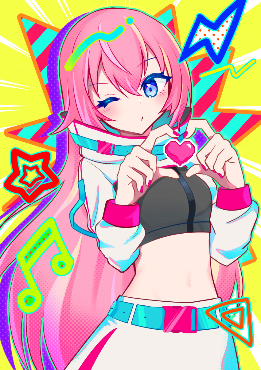 1girl, absurdres, aqua_belt, belt, blue_eyes, closed_mouth, commentary_request, crop_top, hair_between_eyes, hands_up, heart, heart_hands, high_collar, highres, jacket, light_blush, long_hair, long_sleeves, looking_at_viewer, magical_mirai_(vocaloid), magical_mirai_luka, magical_mirai_luka_(2023), megurine_luka, midriff, monitaros_393, musical_note, navel, one_eye_closed, pink_hair, pink_nails, skirt, solo, star_(symbol), upper_body, vocaloid, white_jacket, white_skirt