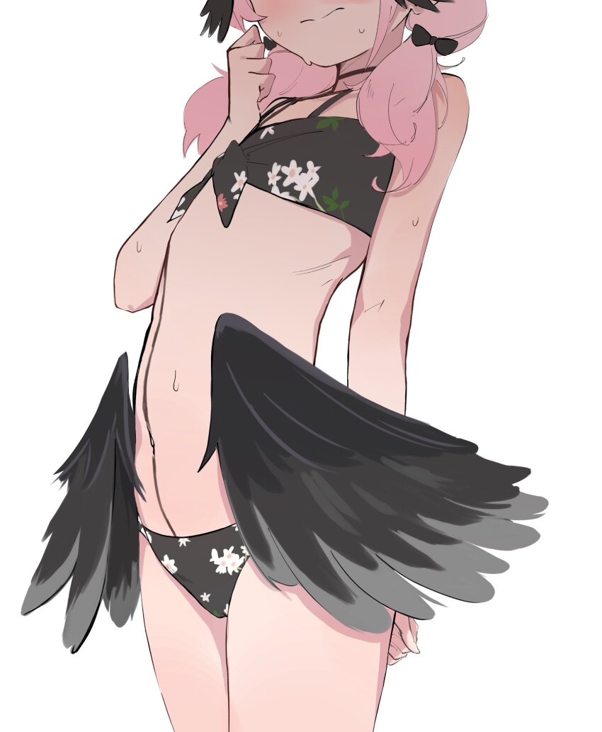 1girl, arm_behind_back, bikini, black_bikini, black_wings, blue_archive, blush, clenched_hand