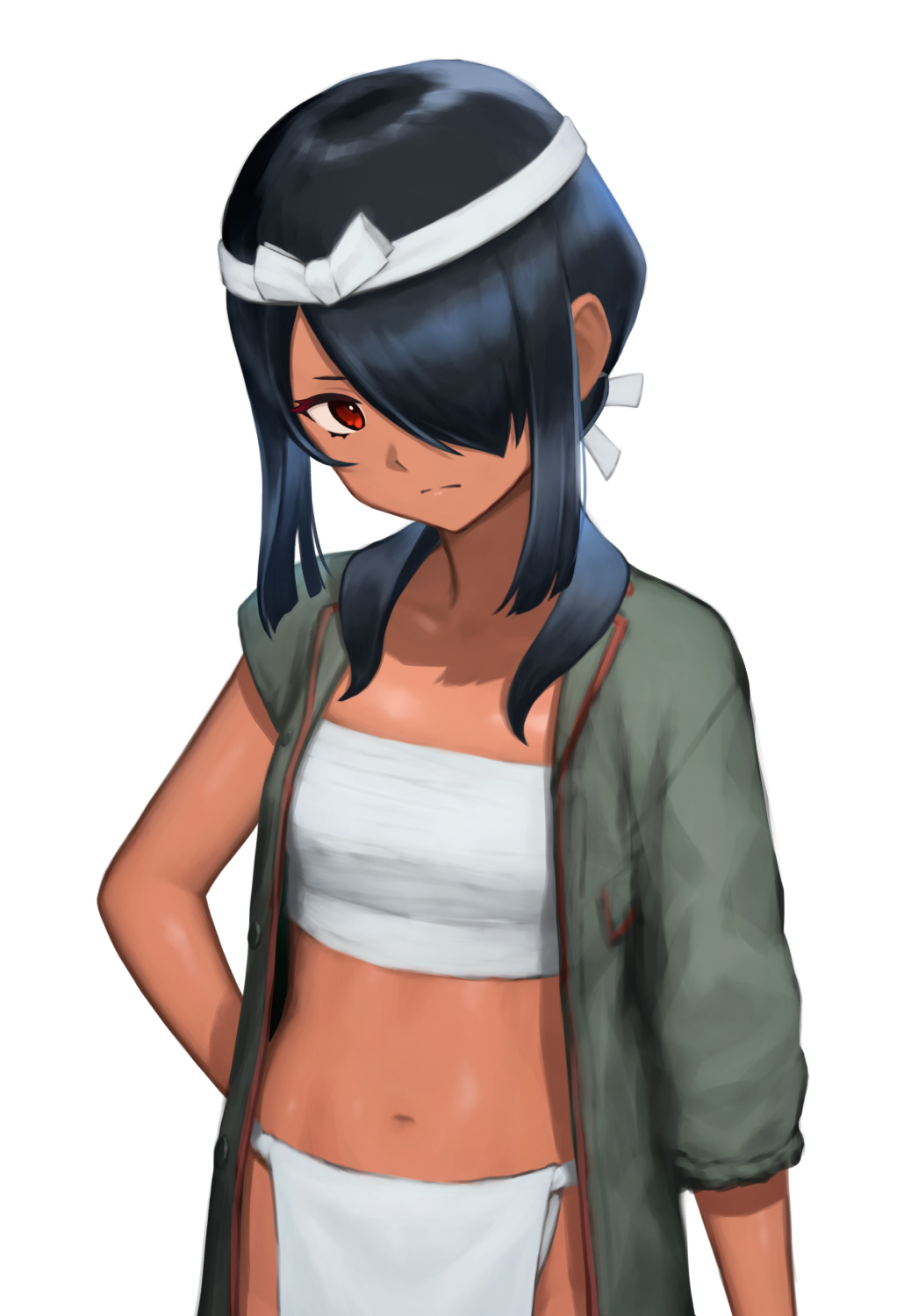 1girl, asymmetrical_sleeves, black_hair, breasts, chest_sarashi, closed_mouth, ecchuu_fundoshi, fundoshi, hair_over_one_eye, headband, highres, jacket, japanese_clothes, kantai_collection, kumano_maru_(kancolle), kumano_maru_kai_(swimsuit)_(kancolle), loincloth, looking_at_viewer, open_clothes, open_jacket, porupurucha, red_eyes, sarashi, short_hair, sidelocks, simple_background, small_breasts, solo, tan, white_background, white_headband