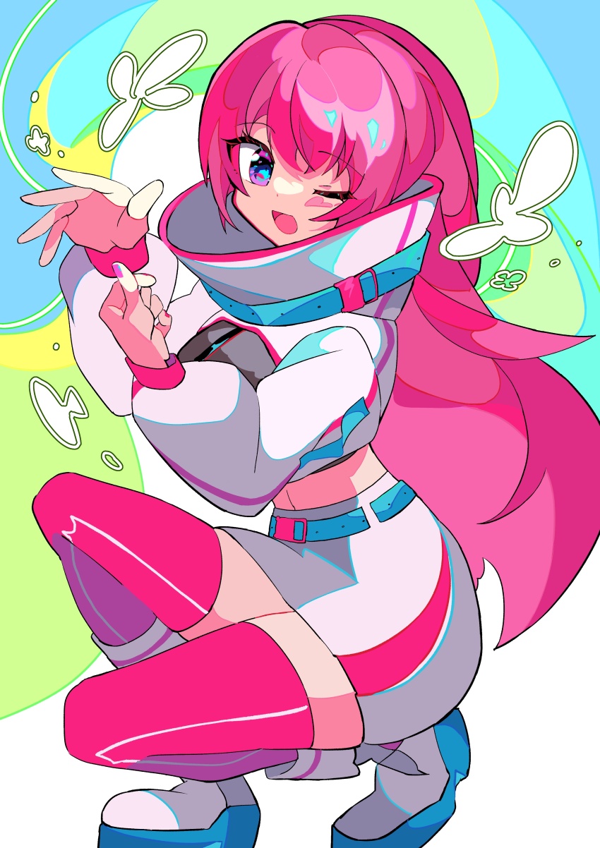 1girl, absurdres, aqua_belt, belt, belt_buckle, blue_eyes, boots, breasts, buckle, commentary_request, crop_top, from_side, full_body, hand_gesture, hands_up, high_collar, highres, jacket, kasaki_sakura, large_breasts, light_blush, long_hair, looking_at_viewer, looking_to_the_side, magical_mirai_(vocaloid), magical_mirai_luka, magical_mirai_luka_(2023), megurine_luka, midriff, one_eye_closed, open_mouth, pink_hair, pink_nails, pink_thighhighs, skirt, smile, solo, squatting, thighhighs, vocaloid, white_boots, white_jacket, white_skirt, zettai_ryouiki