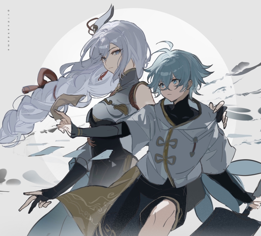 1boy, 1girl, aunt_and_nephew, black_gloves, blue_eyes, blue_hair, braid, breasts, chongyun_(genshin_impact), closed_mouth, earrings, genshin_impact, gloves, grey_hair, hair_between_eyes, hair_ornament, highres, jewelry, lofter_username, long_hair, low-braided_long_hair, low-tied_long_hair, medium_breasts, partially_fingerless_gloves, shenhe_(genshin_impact), simple_background, single_earring, tassel, tassel_earrings, very_long_hair, vidoakdame