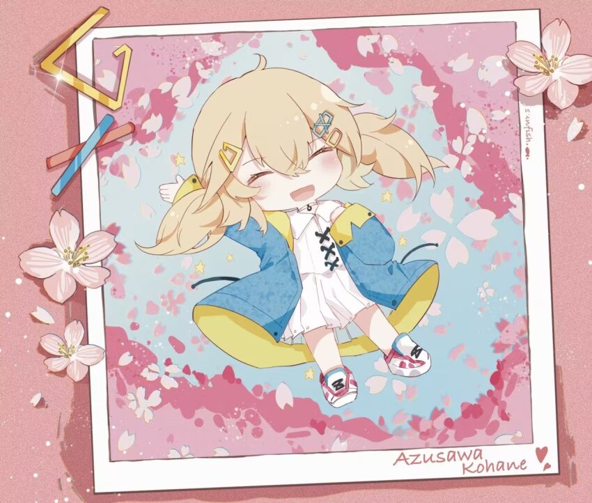 1girl, :d, azusawa_kohane, blue_jacket, blush, brown_hair, character_name, cherry_blossoms