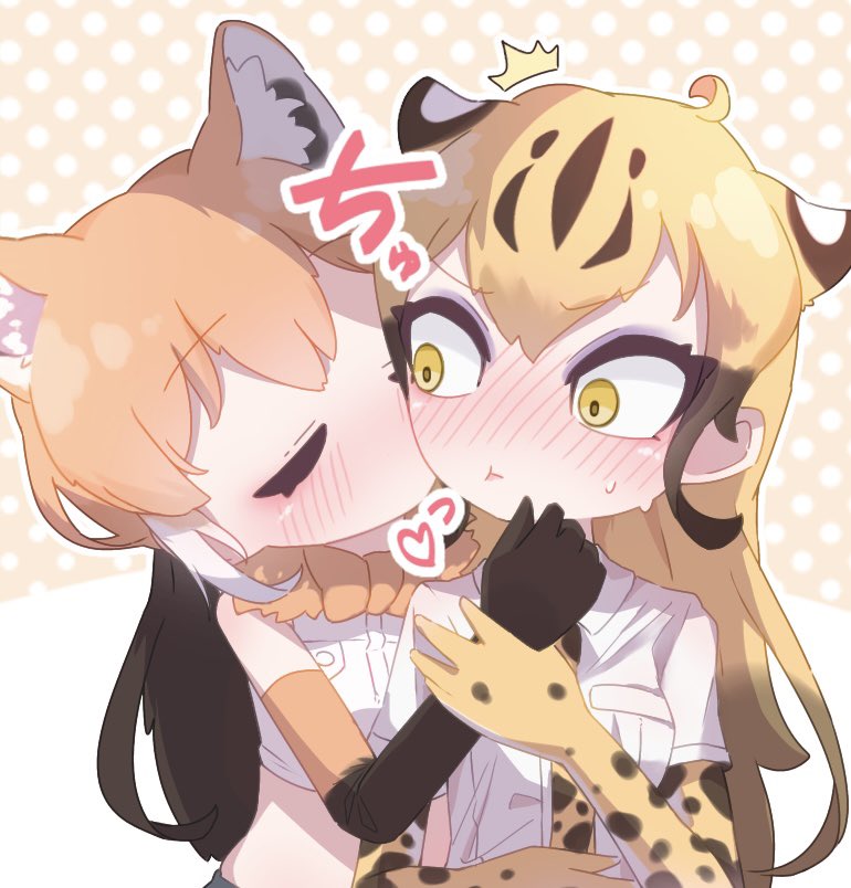 2girls, :t, ahoge, animal_ears, animal_print, blonde_hair, blush, bow