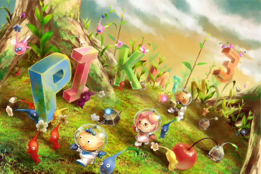 1girl, 2boys, alien, alph_(pikmin), large_nose, black_eyes, blue_eyes, blue_gloves