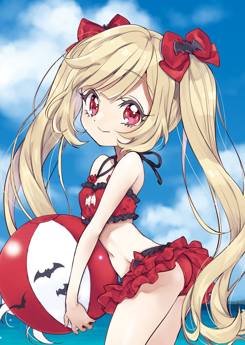 1girl, ball, bat_hair_ornament, beachball, bikini, bikini_skirt, blonde_hair, blurry, bow, breasts, closed_mouth, depth_of_field, ecute, feet_out_of_frame, female_focus, frilled_bikini, frilled_skirt, frills, hair_bow, hair_ornament, jashin-chan_dropkick, loli, long_hair, looking_at_viewer, ocean, outdoors, red_bikini, red_eyes, skirt, sky, small_breasts, smile, solo, swimsuit, twintails, yukiwo