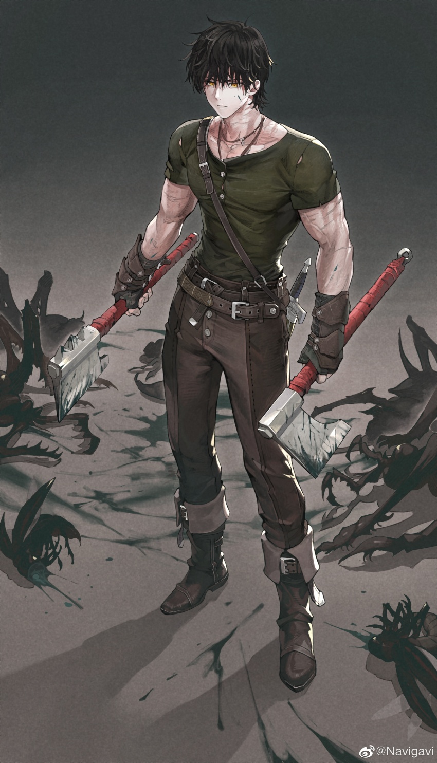 1boy, absurdres, animal, axe, belt, blood, blood_on_face, blood_splatter