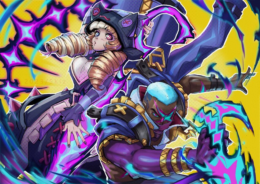 1boy, 1girl, animal_hood, arm_behind_back, arm_up, black_dress, black_hood, black_nails