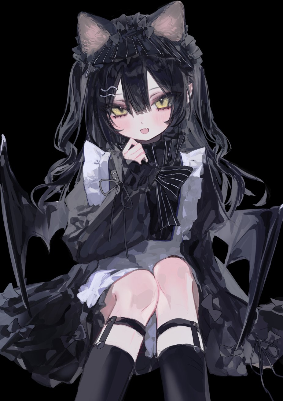 1girl, animal_ears, apron, black_background, black_dress, black_hair, black_socks, black_wings
