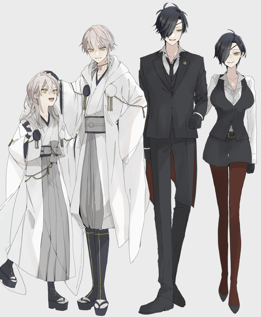 2boys, 2girls, absurdres, black_footwear, black_gloves, black_hair, black_shorts, black_suit