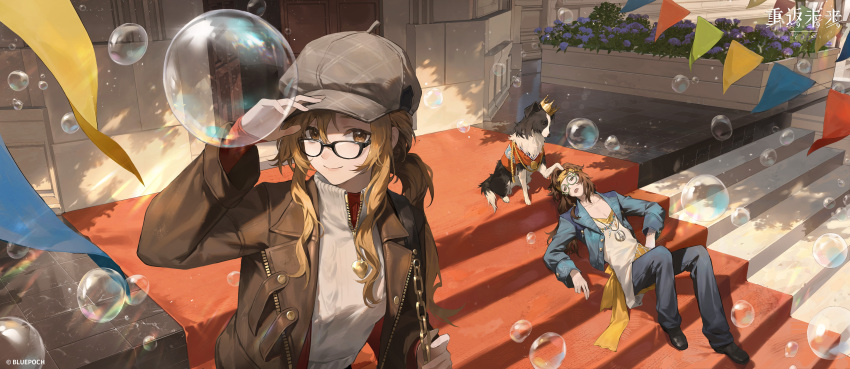 1boy, 1girl, :o, absurdres, aran_sweater, bead_necklace, beads, bell-bottoms, black-framed_eyewear, black_footwear, black_jacket, border_collie, brown_eyes, brown_hair, brown_jacket, bubble, newsboy_cap, cable_knit, cape, closed_mouth, collarbone, crown, curly_hair, dappled_sunlight, diggers_(reverse:1999), dog, flower, flower_bed, glasses, green_eyes, grey-framed_eyewear, grey_headwear, grey_pants, grey_sweater, hairband, hand_on_headwear, hand_up, hat, highres, hippie, jacket, jewelry, knees_up, lens_flare, long_hair, long_sleeves, looking_at_another, looking_at_viewer, lying, melania_(reverse:1999), necklace, official_art, on_back, open_clothes, open_jacket, open_mouth, outdoors, pants, peace_symbol, pickles_(reverse:1999), ponytail, purple_flower, red_cape, red_carpet, red_shirt, reverse:1999, round_eyewear, second-party_source, shade, shirt, sidelocks, smile, solo_focus, stairs, stone_floor, string_of_flags, sunlight, sweater, upper_body, white_shirt, yellow_hairband