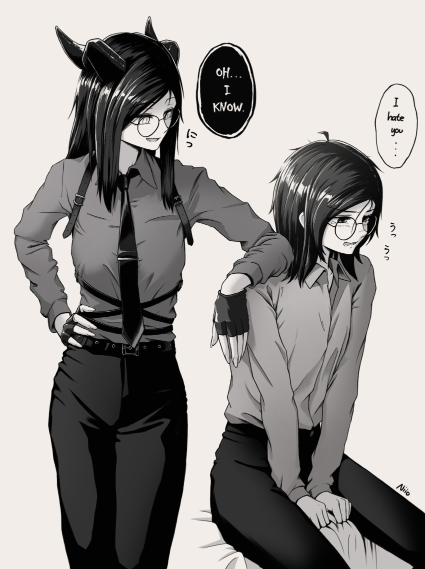 1boy, 1girl, artist_name, artist_self-insert, belt, blush, breasts, collared_shirt