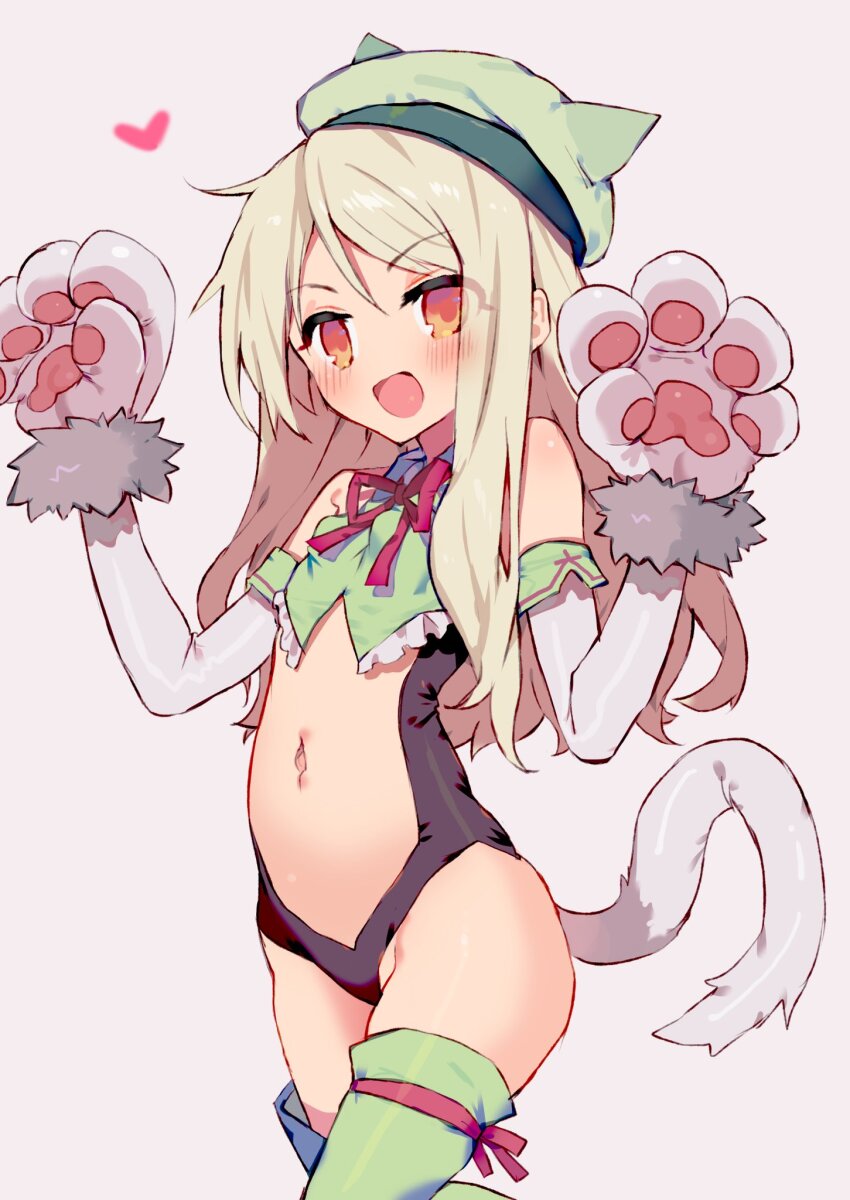 1girl, :d, adapted_costume, animal_hands, black_leotard, blonde_hair, blush, breasts, center_opening, cowboy_shot, crop_top, fate_(series), female_focus, gloves, green_headwear, green_shirt, highres, illyasviel_von_einzbern, illyasviel_von_einzbern_(beast_style), leotard, loli, long_hair, looking_at_viewer, midriff, navel, neck_ribbon, open_mouth, orange_eyes, paw_gloves, red_ribbon, ribbon, shirt, simple_background, small_breasts, smile, solo, standing, tomo_(ryo_i_so_), white_tail