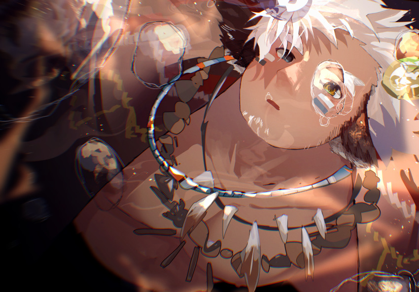 1boy, absurdres, air_bubble, alternate_facial_hair, animal_ears, asphyxiation, asymmetrical_horns, bara