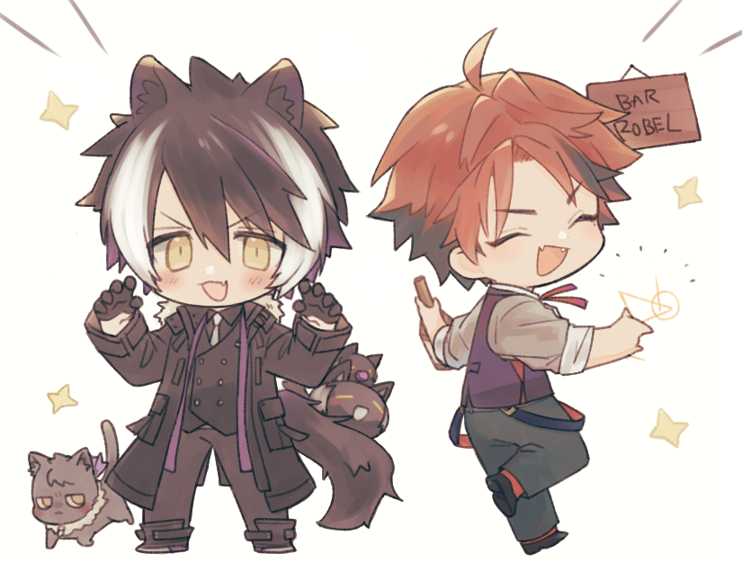 2boys, :d, ^_^, animal_ears, animal_on_tail, ankle_boots, black_coat, black_footwear