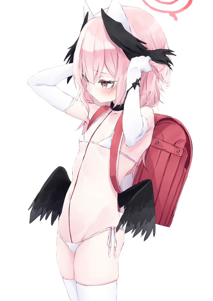 1girl, alternate_costume, arms_up, backpack, bag, bikini, black_wings, blue_archive