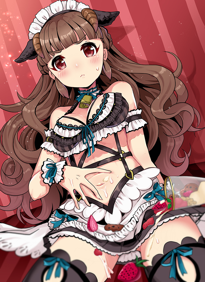 1girl, animal_ears, arm_scrunchie, bare_shoulders, bell, black_bra, black_skirt, black_thighhighs, blue_ribbon, blunt_bangs, blurry, blurry_foreground, blush, bra, breasts, brown_hair, choker, cleavage, closed_mouth, collar, cowbell, cream, cream_on_body, cup, detached_collar, dot_nose, fake_animal_ears, fake_horns, food, frilled_bra, frills, fruit, horns, idolmaster, idolmaster_cinderella_girls, idolmaster_cinderella_girls_starlight_stage, kamiya_nao, kei_s01, long_hair, looking_at_viewer, medium_breasts, midriff, mint, navel, neck_bell, nut_(food), parfait, pleated_skirt, red_background, red_eyes, revealing_clothes, ribbon, ribbon-trimmed_clothes, ribbon_choker, ribbon_trim, scrunchie, sheep_ears, sheep_horns, shy, sitting, skirt, solo, spilling, spread_navel, strawberry, strawberry_slice, striped_background, sweatdrop, thick_eyebrows, thighhighs, underwear, v-shaped_eyebrows, white_collar, white_headdress, wrist_ribbon, wrist_scrunchie, zettai_ryouiki