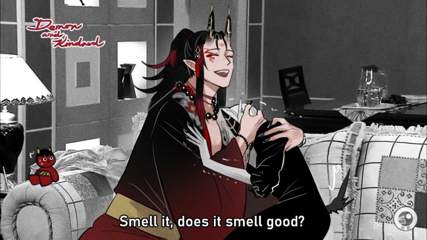 1boy, 1girl, bead_necklace, beads, black_hair, black_robe, closed_eyes, colored_skin