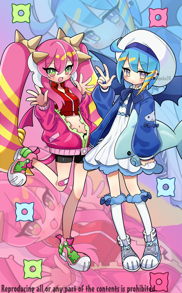 2girls, :d, bandaid, bandaid_on_knee, bandaid_on_leg, bare_shoulders, bike_shorts, blonde_hair, blue_bow, blue_bowtie, blue_footwear, blue_hair, blue_jacket, bow, bowtie, breasts, closed_mouth, commentary_request, cropped_vest, demon_tail, dress, duel_monster, flat_chest, full_body, green_eyes, hair_between_eyes, hand_up, hands_up, hat, holding, holding_stuffed_toy, homi28, jacket, ki-sikil_(yu-gi-oh!), lil-la_(yu-gi-oh!), live_twin_ki-sikil, live_twin_lil-la, long_hair, long_sleeves, looking_at_viewer, medium_breasts, midriff, multicolored_hair, multiple_girls, navel, off_shoulder, open_clothes, open_jacket, open_mouth, over-kneehighs, partially_unzipped, pink_hair, pink_jacket, pink_shoes, purple_eyes, red_vest, sailor_hat, shoes, short_hair, sidelocks, smile, sneakers, socks, standing, standing_on_one_leg, stuffed_animal, stuffed_shark, stuffed_toy, tail, tail_ornament, tail_ring, thighhighs, twintails, v, vest, white_dress, white_headwear, white_socks, wings, yu-gi-oh!, zoom_layer