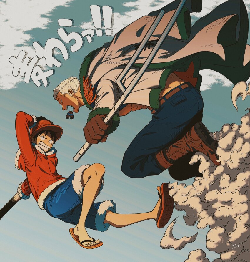 2boys, cigar, denim, duel, eye_contact, facial_hair, frown, goatee_stubble, grey_hair, grin, highres, holding, holding_weapon, jeans, long_sideburns, looking_at_another, male_focus, mature_male, midair, monkey_d._luffy, multiple_boys, no_shirt, one_piece, pants, pectoral_cleavage, pectorals, sandals, short_hair, sideburns, smile, smoke_manipulation, smoker_(one_piece), extendable_limbs, stubble, tonta_(tonta1231), translation_request, weapon