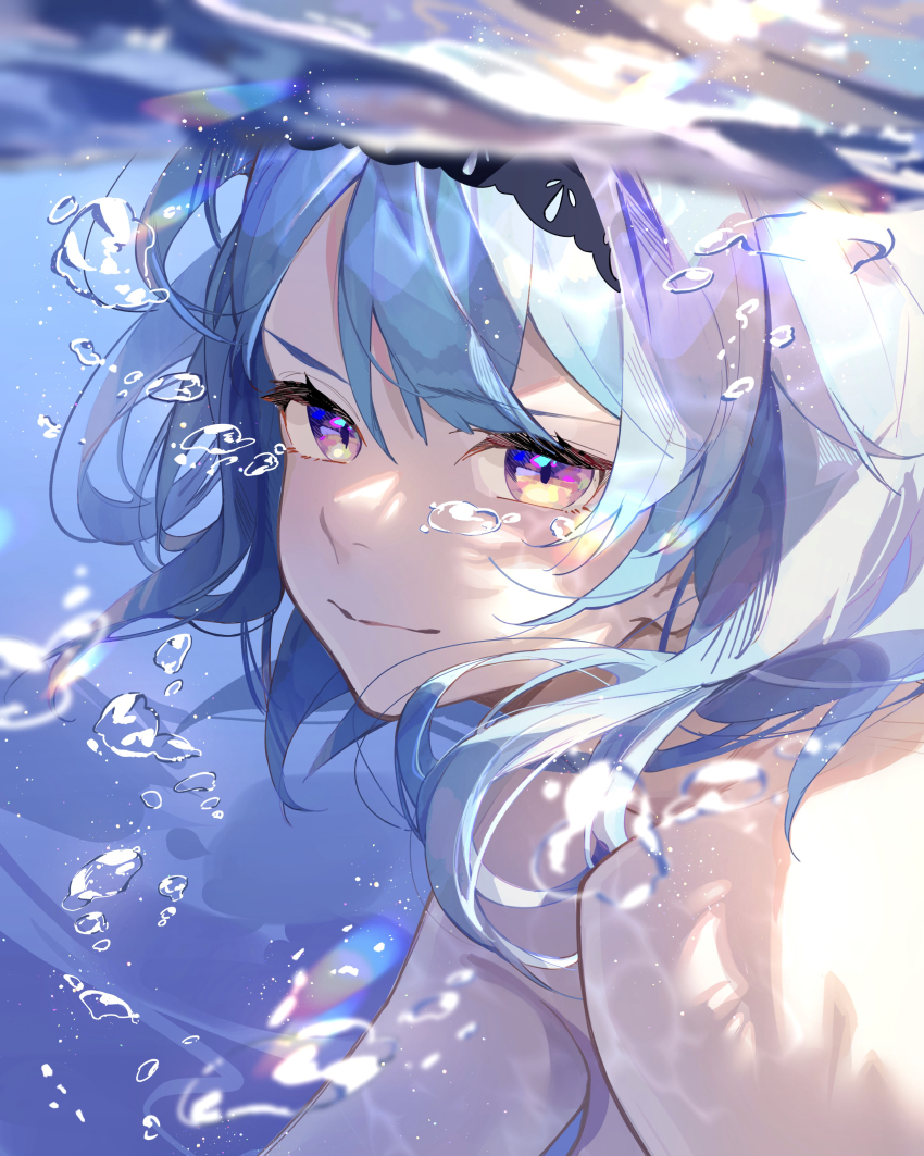 1girl, absurdres, air_bubble, black_hairband, blue_hair, bubble, caustics, eula_(genshin_impact)
