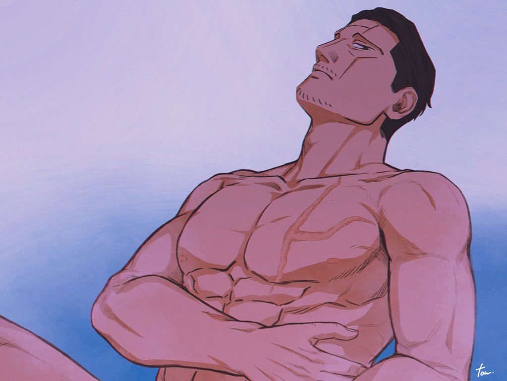 1boy, abs, bara, black_hair, cheekbones, completely_nude, facial_hair, from_side, goatee_stubble, golden_kamuy, gradient_background, kikuta_mokutaro, large_pectorals, looking_to_the_side, male_focus, mature_male, muscular, muscular_male, mustache_stubble, nipples, nude, out-of-frame_censoring, pectorals, scar, scar_on_face, scar_on_forehead, short_hair, sideburns, sideways_glance, solo, stubble, tonta_(tonta1231)
