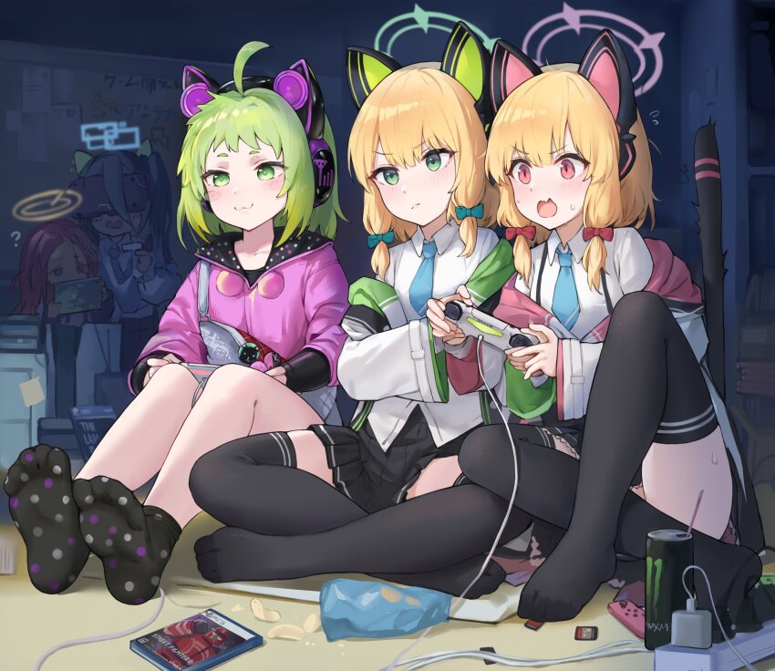 5girls, :3, absurdres, ahoge, animal_ear_headphones, animal_ears, antenna_(dohna_dohna), aris_(blue_archive)
