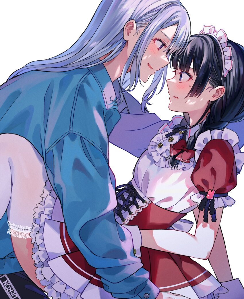 2girls, black_hair, black_pants, blue_eyes, blue_jacket, blunt_bangs, blush, braid, character_name, clothes_writing, corset, cross-laced_clothes, dress, frilled_sleeves, frills, grey_hair, highres, higuchi_kaede, higuchi_kaede_(spring_casual), jacket, lace, lace-trimmed_legwear, lace_trim, long_hair, looking_at_another, maid, maid_headdress, medium_hair, mole, mole_under_eye, multiple_girls, nijisanji, pants, parted_lips, purple_eyes, red_corset, sidelocks, simple_background, smile, straddling, sweat, thighhighs, tsukino_mito, tsukino_mito_(maid), twin_braids, virtual_youtuber, white_background, white_dress, white_thighhighs, wrist_cuffs, ya_ka_n, yuri