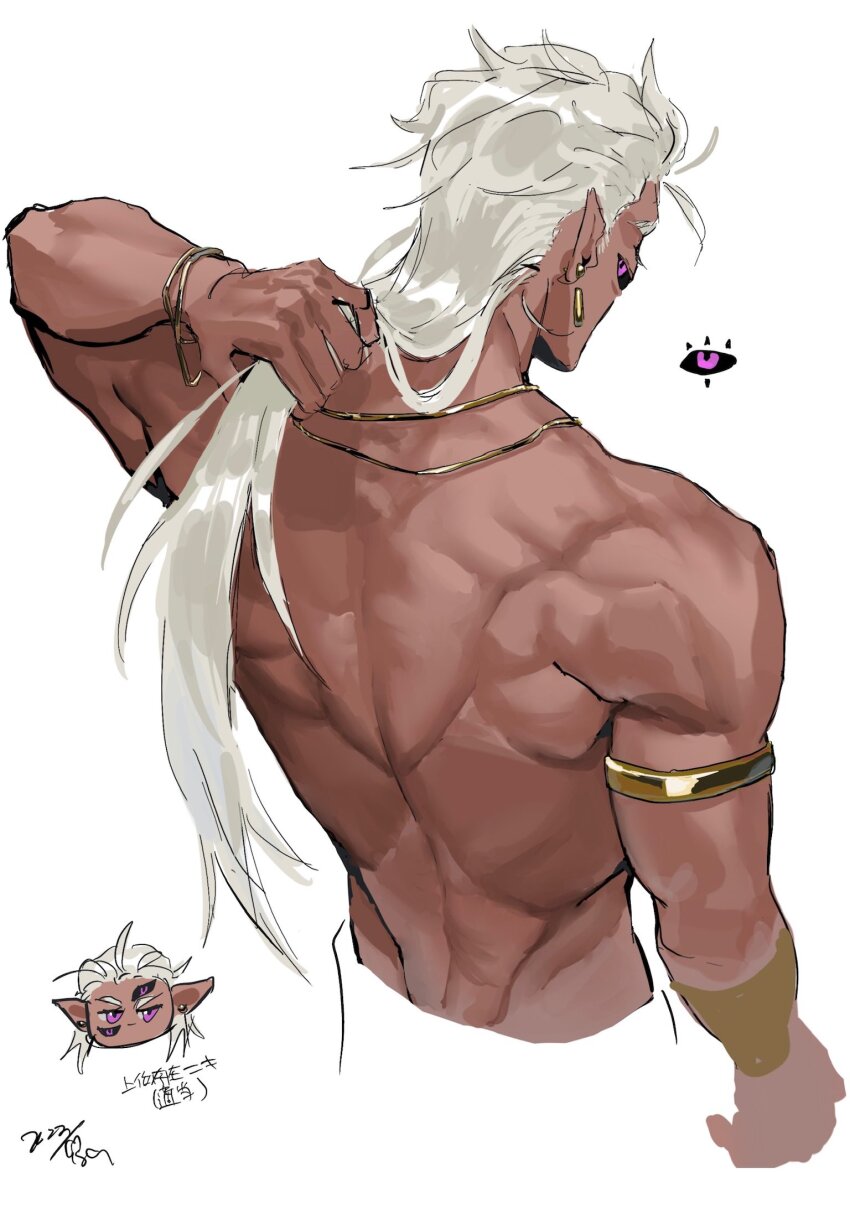 003_ssq, 1boy, armlet, back, back_focus, black_sclera, chibi, chibi_inset, colored_sclera, cropped_torso, dark-skinned_male, dark_skin, ear_piercing, elf, extra_eyes, from_above, highres, jewelry, long_hair, looking_at_viewer, looking_back, male_focus, muscular, muscular_male, necklace, nude, original, piercing, pointy_ears, purple_eyes, white_background, white_hair