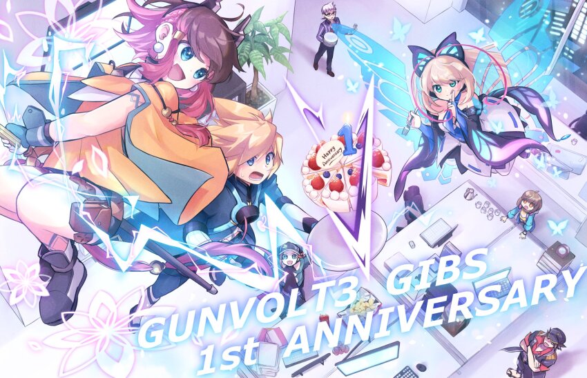 2girls, 5boys, aihira_(aihira12), antenna_hair, azure_striker_gunvolt, azure_striker_gunvolt_3, black_badge_(gunvolt), blonde_hair, blue_eyes, braid, braided_ponytail, breasts, brown_hair, butterfly_hair_ornament, cake, camion_(gunvolt), chair, earrings, electricity, energy_wings, food, fork, gunvolt, hair_ornament, highres, holding, holding_sword, holding_weapon, horns, jewelry, kirin_(gunvolt), large_breasts, lexus_(gunvolt), long_hair, lumen_(gunvolt), medium_hair, multicolored_hair, multiple_boys, multiple_girls, office, office_chair, pink_hair, red_hair, shiron_(gunvolt), shorts, sideboob, small_breasts, swivel_chair, sword, tongue, tongue_out, weapon