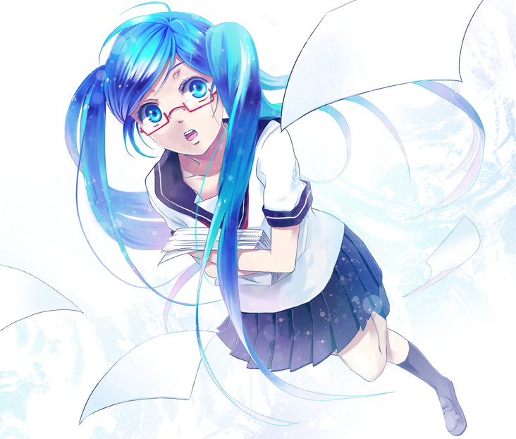 1girl, aqua_eyes, aqua_hair, bad_id, bad_pixiv_id, bespectacled, female_focus, from_above