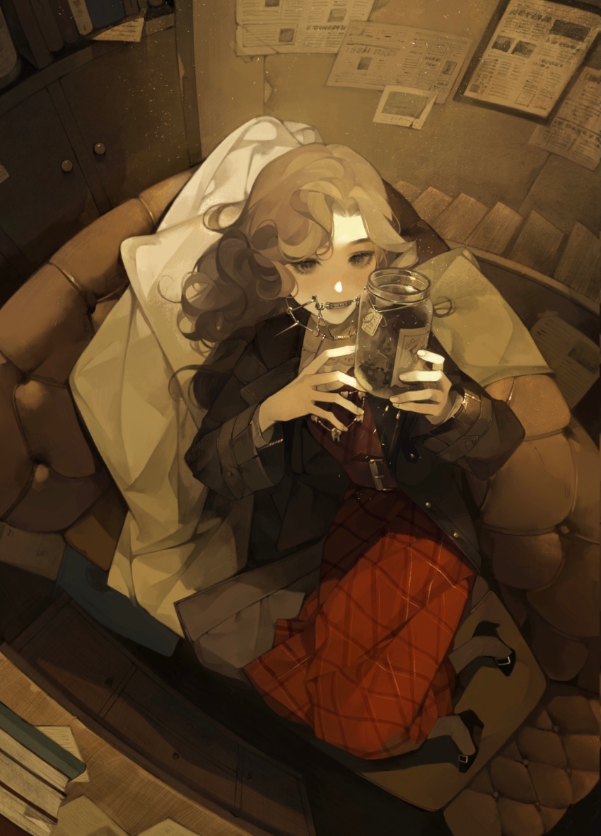 1girl, absurdres, baichuan_baichuan, belt, black_footwear, black_pantyhose, book, braces, brown_belt, brown_coat, brown_eyes, brown_hair, cabinet, coat, couch, curly_hair, dress, fisheye, from_above, full_body, hair_intakes, hands_up, high_heels, highres, holding, holding_jar, indoors, jar, jewelry, long_hair, long_sleeves, looking_at_object, lying, necklace, newspaper, on_couch, on_side, pantyhose, parted_bangs, picture_frame, plaid_clothes, plaid_dress, red_dress, reverse:1999, solo, stairs, tag, teeth, tooth_fairy_(reverse:1999), tooth_necklace