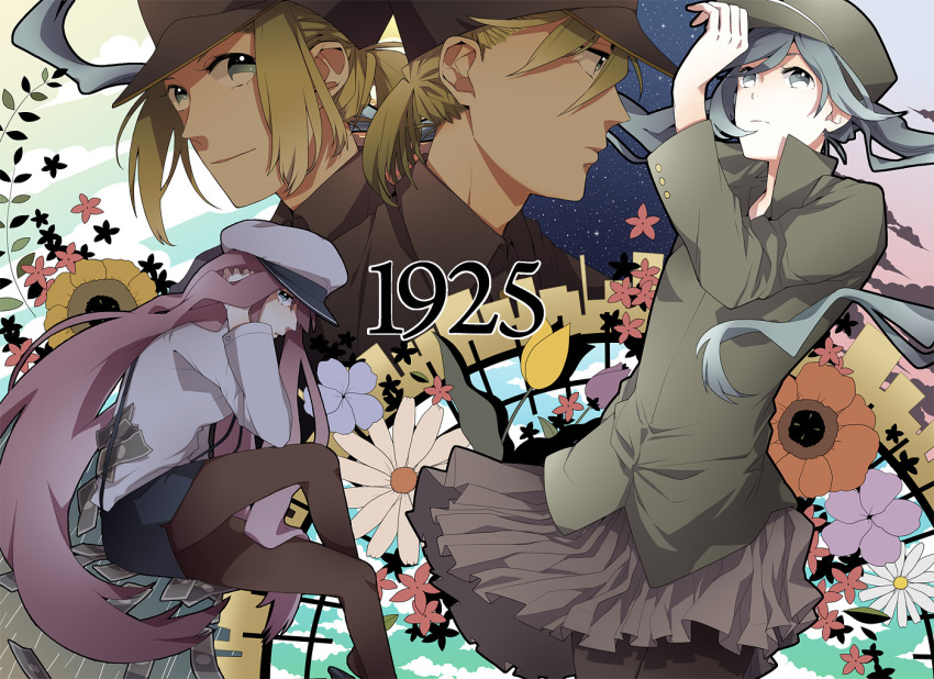 1925_(vocaloid), 1boy, 3girls, aqua_eyes, aqua_hair, bad_id, bad_pixiv_id, blonde_hair