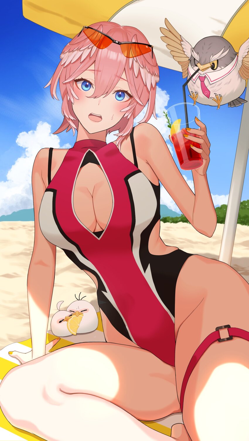 1girl, absurdres, alternate_costume, arm_support, armpit_crease, bare_shoulders, barefoot, beach
