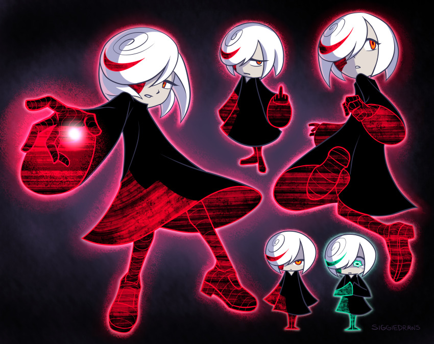 1girl, artist_name, black_dress, child, closed_mouth, colored_skin, commentary, dress, english_commentary, grey_skin, hair_over_one_eye, highres, long_sleeves, looking_back, middle_finger, multiple_views, open_mouth, red_eyes, sage_(sonic), shoes, short_hair, siggiedraws, sonic_(series), sonic_frontiers, white_hair