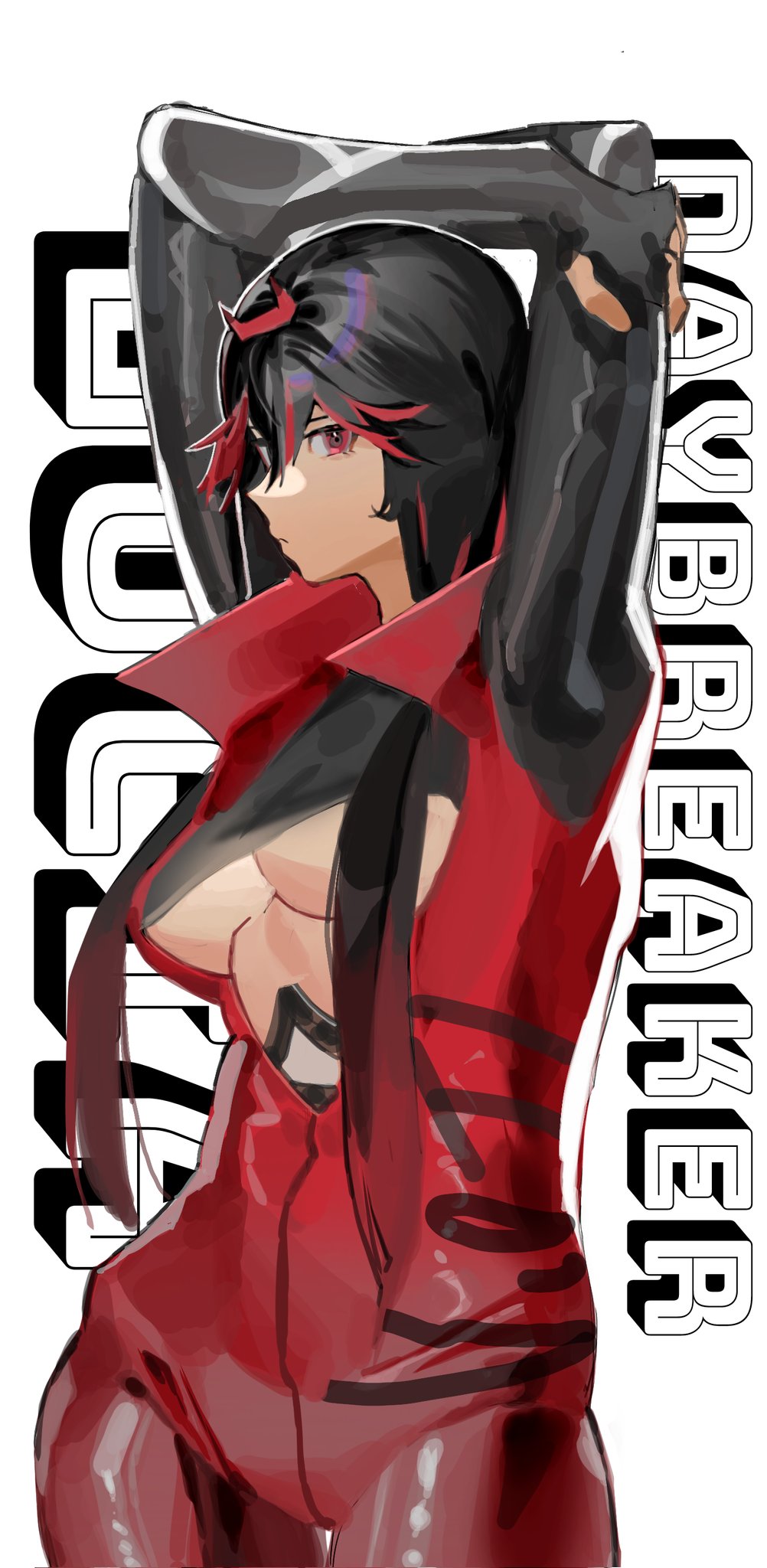1girl, arm_over_head, black_bodysuit, black_hair, bodysuit, breasts, character_name, corrupted_twitter_file