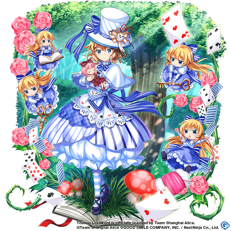 6+girls, alice_margatroid, alice_margatroid_(magician's_white_doll), alternate_costume, black_footwear, blonde_hair, blue_bow, blue_dress, blue_eyes, book, bow, capelet, card, carrying, copyright_name, copyright_notice, doll, dress, flower, forest, full_body, game_cg, hair_bow, hat, holding, key, light_rays, long_hair, looking_at_viewer, multiple_girls, mushroom, nature, outdoors, pink_flower, playing_card, pocket_watch, rotte_(1109), scissors, shanghai_doll, short_hair, third-party_source, top_hat, touhou, touhou_lostword, tree, watch, white_capelet, white_dress, white_headwear
