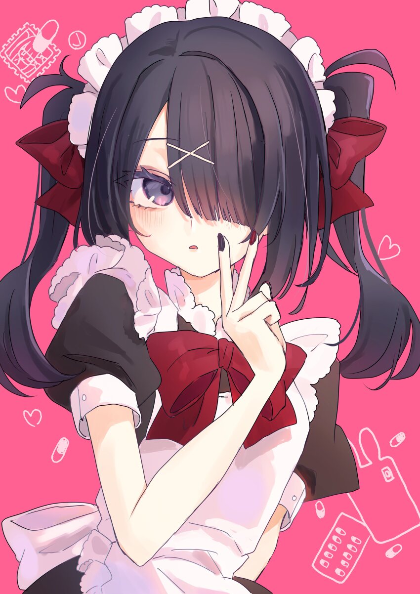 1girl, absurdres, alternate_costume, ame-chan_(needy_girl_overdose), apron, black_dress, black_hair, black_nails, bow, charlotte11037, commentary_request, dress, enmaided, frilled_apron, frills, hair_ornament, hair_over_one_eye, hair_tie, hand_up, highres, long_hair, maid, maid_apron, maid_headdress, multicolored_nails, nail_polish, needy_girl_overdose, open_mouth, pill, pink_background, puffy_short_sleeves, puffy_sleeves, purple_eyes, red_bow, red_nails, short_sleeves, solo, twintails, upper_body, white_apron, x_hair_ornament