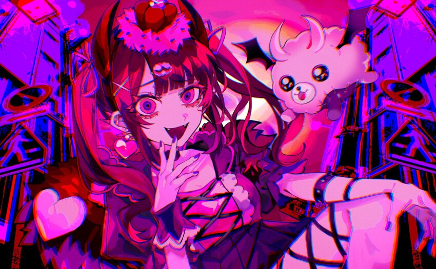 1girl, :3, aegyo_sal, bat_wings, black_hair, black_hairband, black_wings, blunt_bangs