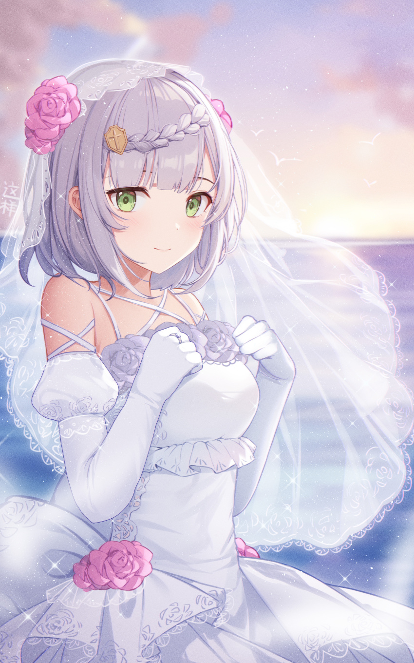 1girl, absurdres, bow, braid, breasts, bridal_veil, bride, commentary, dress, elbow_gloves, flower, genshin_impact, gloves, green_eyes, grey_hair, hair_flower, hair_ornament, highres, jewelry, looking_at_viewer, medium_breasts, noelle_(genshin_impact), pink_flower, ring, rose, short_hair, smile, solo, strapless, strapless_dress, veil, wedding, wedding_dress, wedding_ring, white_bow, white_dress, white_flower, white_gloves, white_rose, zx961219